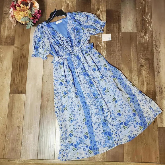 NWT LC Lauren Conrad Floral Print Pleated Empire Waist Chiffon V-Neck Midi Dress - Picture 5 of 16